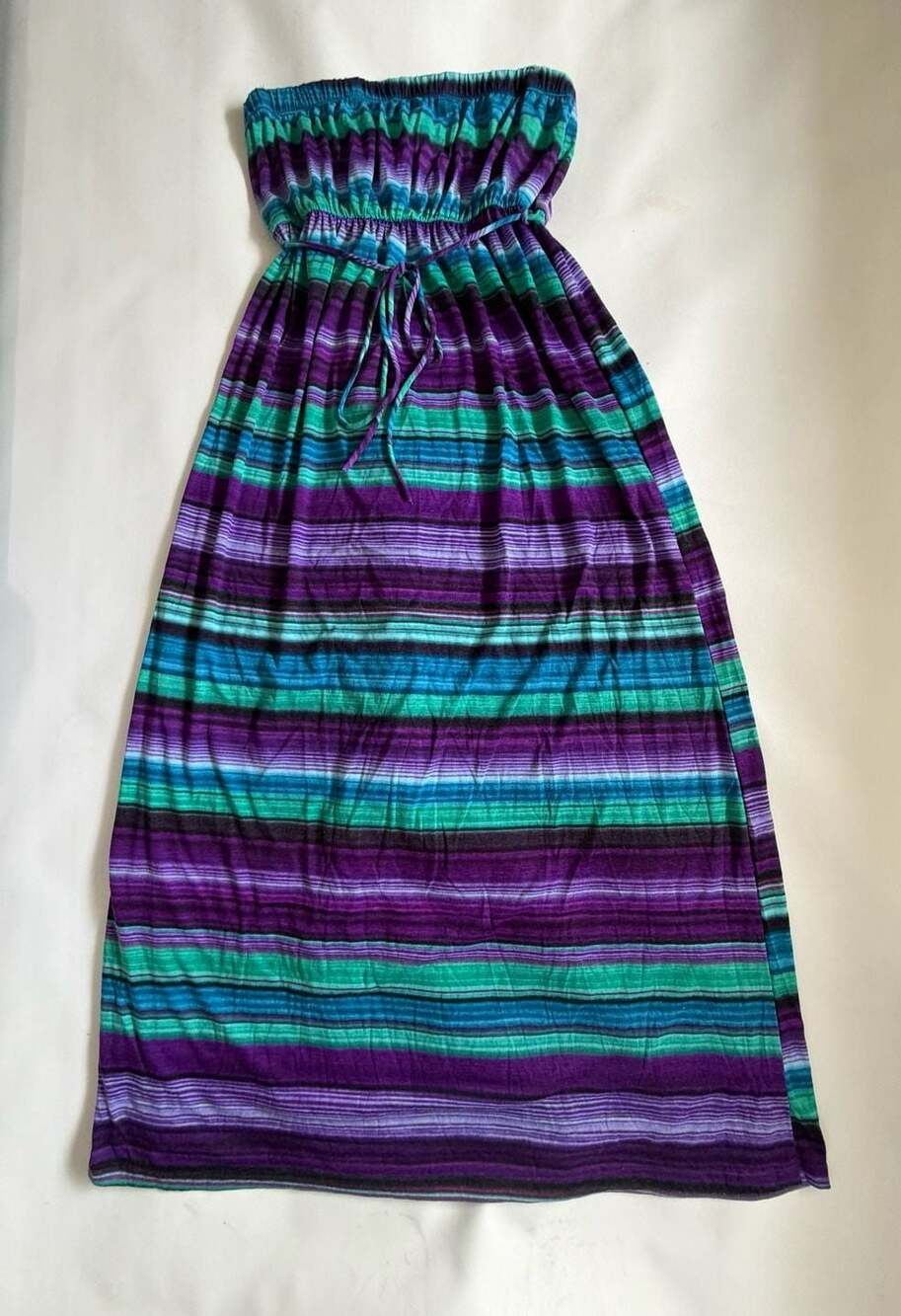 LoveJ Dress L Purple Green Striped Strapless Maxi Tie Waist Boho Summer